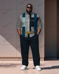 Men's Simple Blue Geometric Stripe Print Polo Shirt Zipper Pants Suit