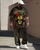 Men Plus Size Street Fashion Graffiti Lion Print T-Shirt Trousers Suit