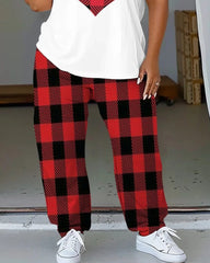 Women's Plus Size Love Check Pattern T-Shirt and Trousers Suit