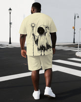 Men's Casual Ghost Illustration Back Print Big & Tall Stretchy Short-Sleeve T-shirt Shorts Set