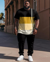 Big Men's Black And Yellow Stripe Geometric Colorblock Print T-shirt Trousers Set