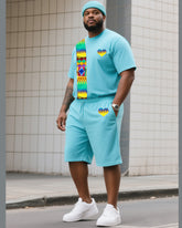Men's Plus Size Tiffany Blue Creative Stripe Print T-Shirt Shorts Suit