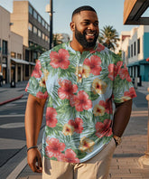 Men's Plus Size Hawaiian Blue Floral Print Henry Collar Button Short Sleeve Tee