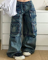 Women's Plus Size Vintage Washed Multi-Pocket Frock Loose Jeans