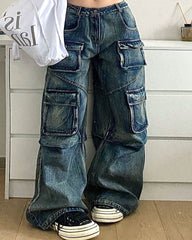 Women's Plus Size Vintage Washed Multi-Pocket Frock Loose Jeans