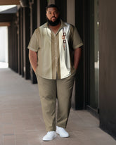 Men's Plus Size Business Casual Color Block Graphic Sports Bowling Short Sleeve Shirt Pants Set