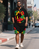 Men's Plus Size Juneteenth Fist Print Henley Collar Short Sleeve T-Shirt Shorts Suit