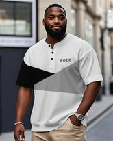 Men's Plus Size Daily Casual Black And Grey Colorblock Alphabet Print Henry Collar Button Short Sleeve T-Shirt