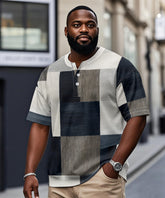 Men's Plus Size Daily Casual Blue And White Grey Geometric Print Henry Collar Button Short Sleeve T-Shirt
