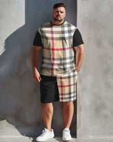 Men's Plus Size Fashion Plaid Stitching T-Shirt Shorts Set