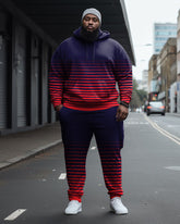 Men's Large Size Horizontal Line Color Block Casual Hoodie And Sweatpants Two-Piece Set