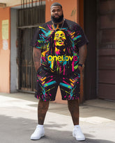 Big Guy's Street Fashion Pop Art Tribute Singer Print T-Shirt Shorts Set
