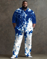 Traditional Tie-Dye Process Blue Long Sleeve Lapel Shirt 2 Piece Set Men's Plus Size