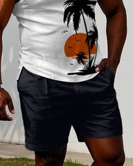 Men's Plus Size Coconut Tree Sun Print Hawaiian Tank Shorts Suit