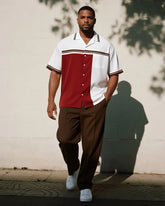 Big & Tall Men's Business Red And Brown Striped Printed Pocket Short Sleeve Shirt Trousers Suit