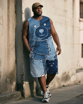 Big & Tall Men's Blue Denim Bear Print Vest Shorts Suit