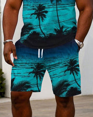 Men's Plus Size Hawaiian Blue Tank Shorts Suit