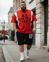 Big & Tall Men's Black And Red Colorblock GOD GOT ME Alphabet Print Round Neck Short Sleeve T-Shirt Shorts Suit