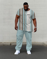 Men's Plus Size Summer Breathable Blue Stripe Small Label Printed Short-sleeved T-shirt Trousers Suit