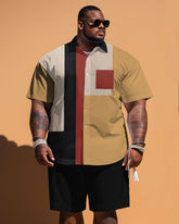 Men's Plus Size Simple Geometric Patchwork Printed Pocket Short Sleeve Shirt Shorts Suit