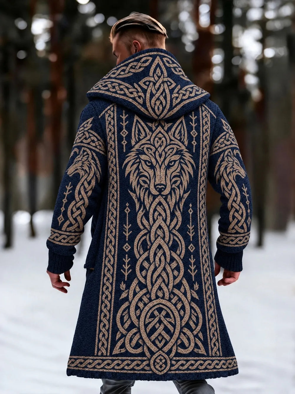Men's Vintage Viking Wolf Celtic Knot Art Warm Zip Up Hooded Coat