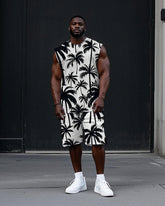 Big Men's Casual Fashion Black Coconut Trees Printed Hawaiian Vest and Shorts Set