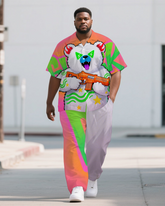 Men's Cartoon Bear with Gun Street Fashion Short Sleeve Shirt and Pants 2-Piece Set