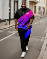 Men's Plus Size Pink Blue Gradient Colorblock Alphabet Print Henry Collar T-Shirt Trousers Suit