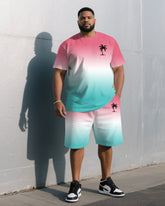 Men's Plus Size Fashion Pink & White & Blue Chest Small Label Printed Round Neck Short Sleeve T-Shirt Shorts Suit