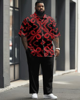 Men's Plus Size Business Retro Pattern Printing Short Sleeve Shirt Trousers Suit