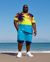 Big Men's Hawaiian Artistic Color Block Coconut Trees Printed Short Sleeve T-shirt and Shorts Set