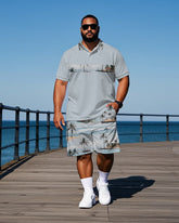 Big Men's Hawaii Theme Seaside Scene Stripe Printed Casual Short Sleeve Polo Shirt Shorts Set