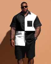 Men's Plus Size Simple Black And White Color Matching Printing Pocket Short Sleeve Shirt Shorts Set