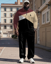 Men's Simple Wine Red Khaki Black Color Block Printed Zipper Polo Shirt Trousers Suit