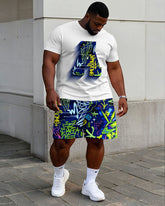 Men's Plus Size Street Fashion Pattern Chest Stereoscopic Projection "A" Printed Short-sleeved T-shirt Shorts Suit