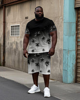 Men's Gradient Style Hawaiian Coconut Trees Printed Casual Big & Tall Short Sleeve T-shirt Shorts Set