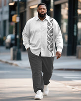 Big & Tall Men's Business Grey Pattern Print Bamboo Hemp Texture Long Sleeve Shirt Trousers Suit