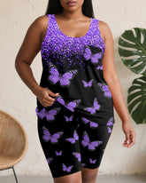 Women's Plus Size Daily Casual Purple Gradient Butterfly Print Pocket Vest Shorts Suit
