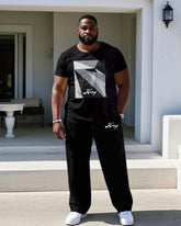 Men's Plus Size Black Chest Square Color Block Printed Short-sleeved T-shirt Trousers Suit