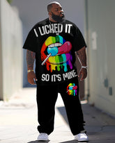 Men's Large Casual Colorful Lip Print T-Shirt Pants Suit