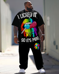 Men's Large Casual Colorful Lip Print T-Shirt Pants Suit