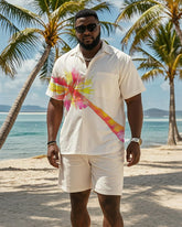 Big & Tall Men's Hawaiian Vacation Apricot Coconut Print Pocket Shirt Shorts Suit