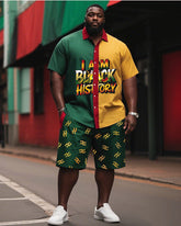Men's Plus Size Yellow Green Stitching Shirt Chain Shorts Printed Shirt Suit