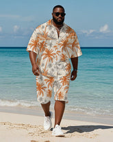 Men's Plus Size Hawaiian Hand Painted Orange Grey Coconut Tree Print Shirt Shorts Suit