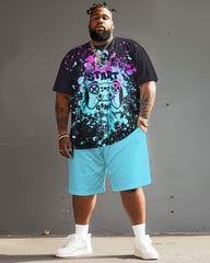 Large Build Men's Colorful Graffiti Crew T-shirt and Shorts Set