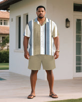 Men's Plus Size Khaki & Blue Skinny Print Short Sleeve Shirt Shorts Suit