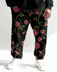Men's Black Vine Rose Print Plus Size Round Neck Sweatshirt Suit