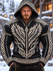 Men's Viking Spear, Wings And Celtic Knot Pattern Hooded Knit Sweater