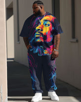 Men's Plus Size Street Fashion Abstract Graffiti Tribute Singer Print T-Shirt Trousers Suit