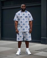 Men's Big Size Hawaiian Style Coconut Trees All Over Printed Short Sleeve T-shirt and Shorts Set